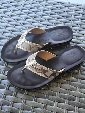 Coach Sig C Flip Flop Sandals in Brown with Gold Trim Size 9
